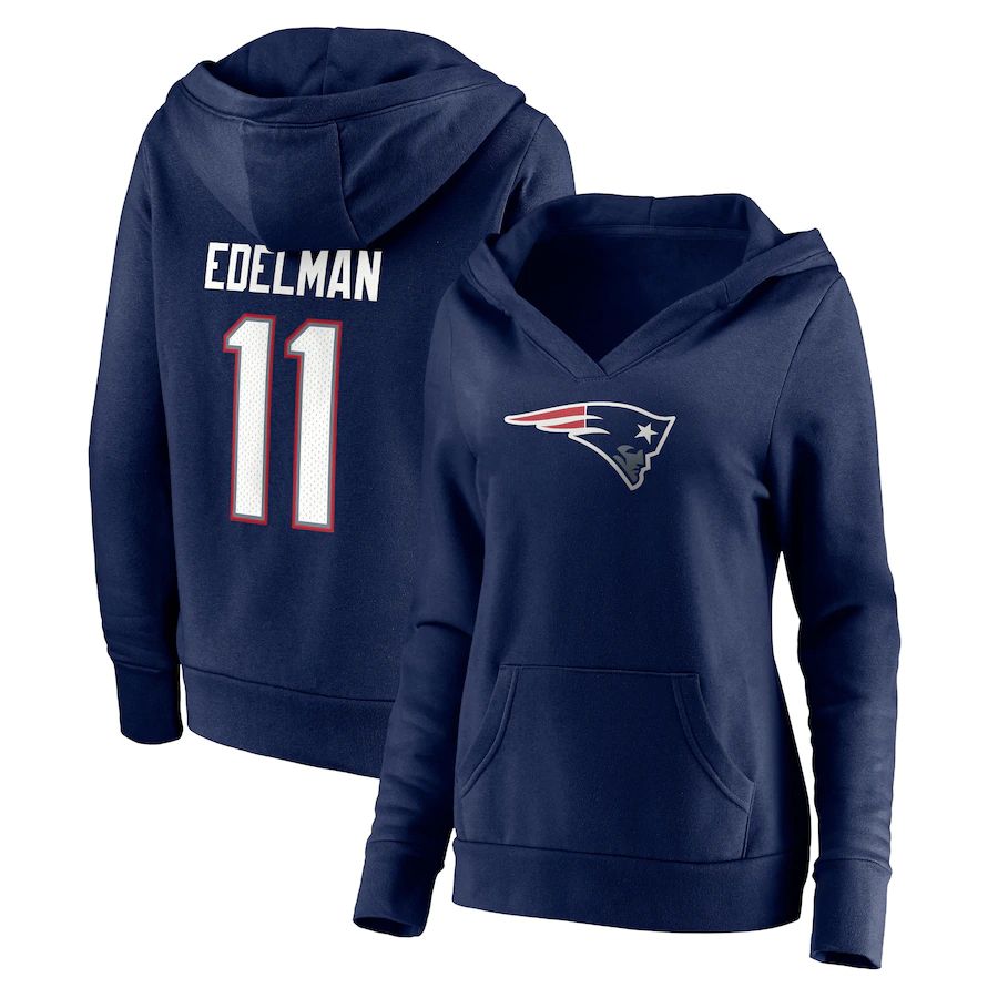 Women New England Patriots #11 Julian Edelman Fanatics Branded Navy Player Icon Name & Number Pullover Hoodie->women nfl jersey->Women Jersey